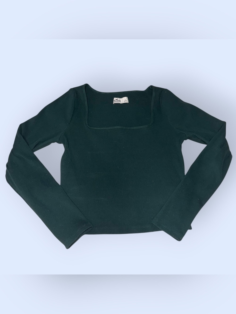 Dark Forest Green Square Neck Ribbed Long Sleeve Top